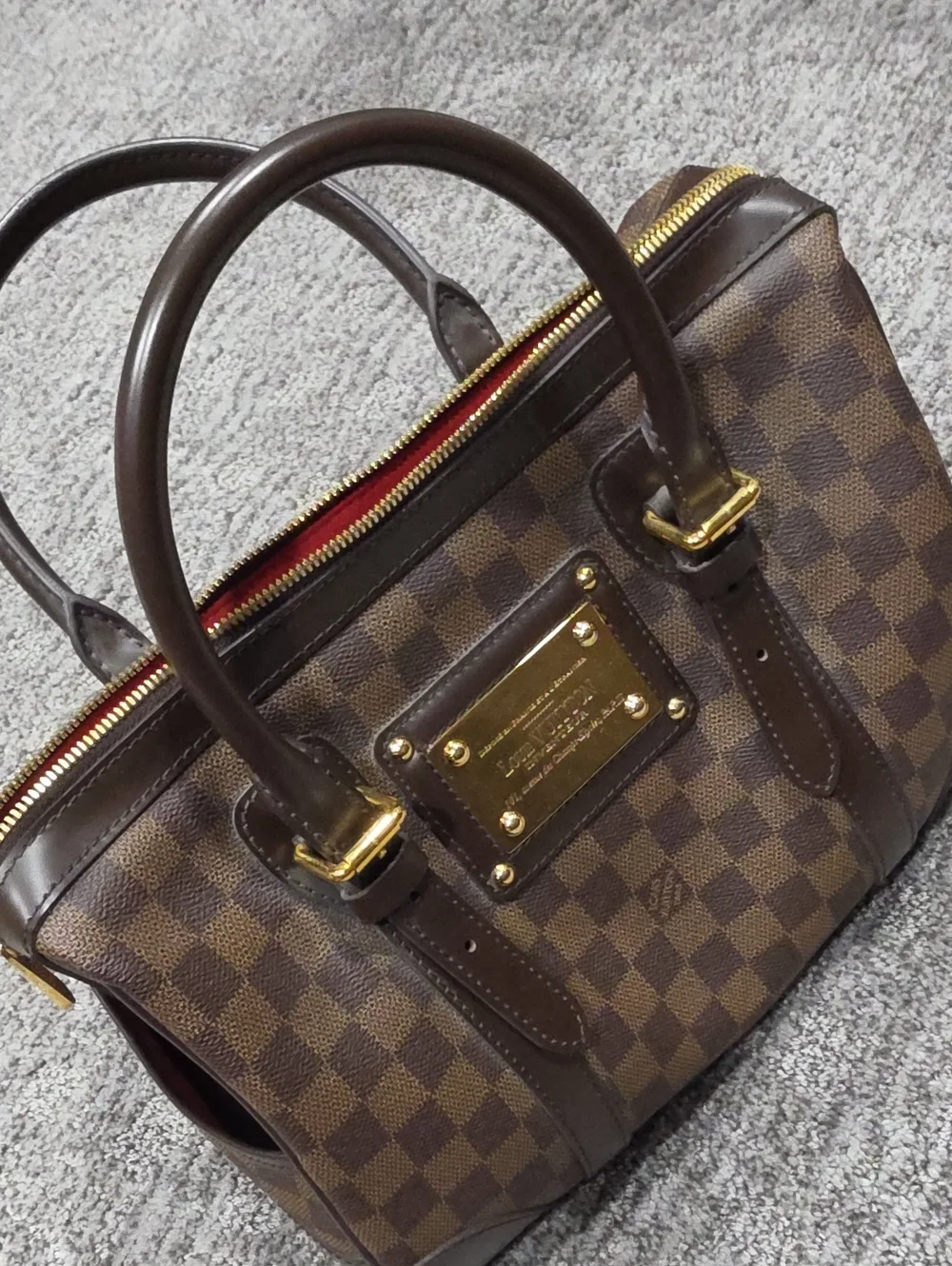 Louis Vuitton Brown Damier Ebene Satchel with Red Interior and Gold Hardware
